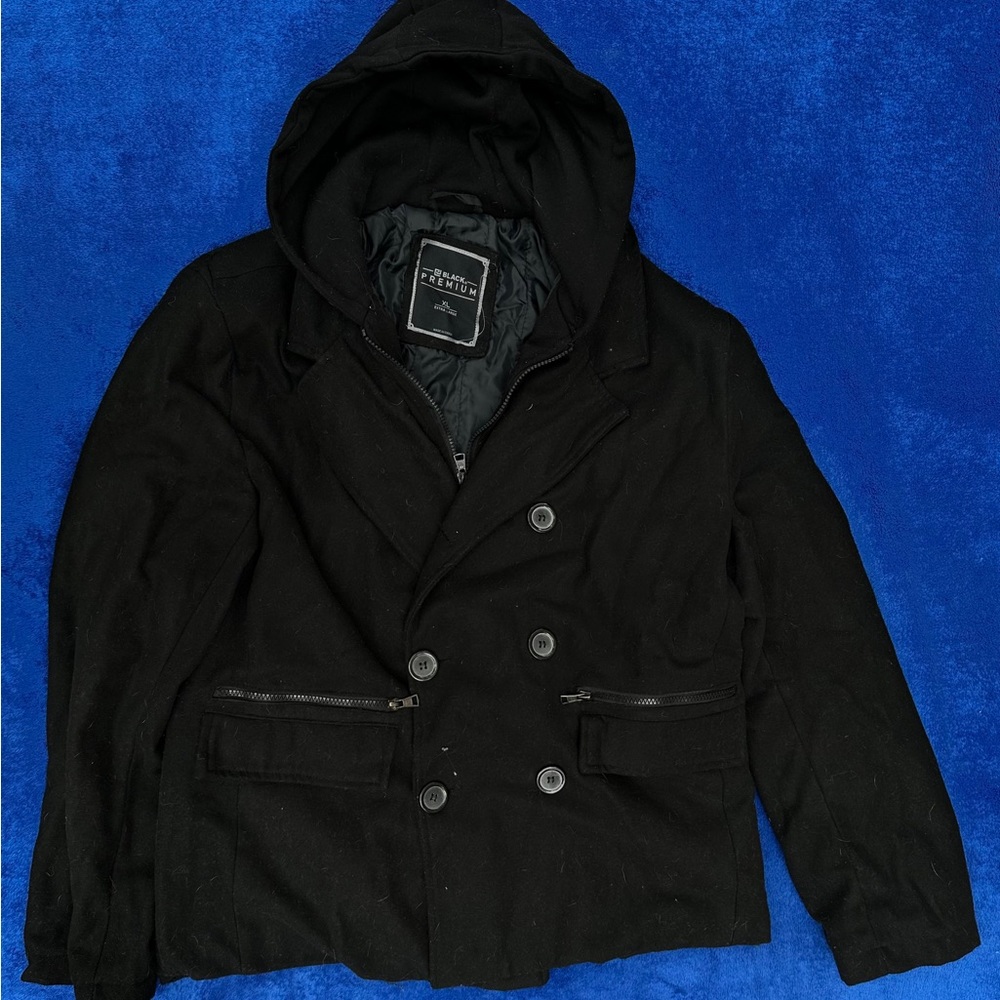 Mens Black Premium Wool Peacoat XL